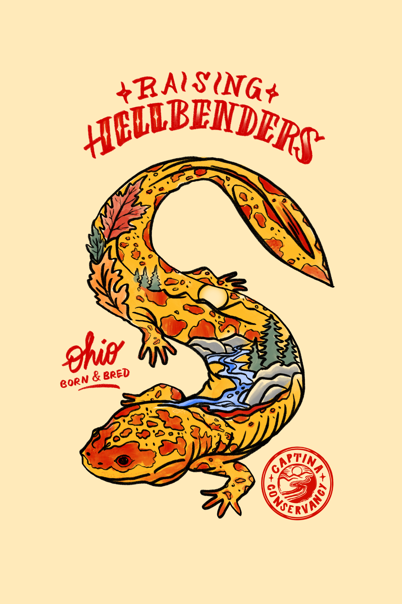 Illustrated hellbender forming an S with an Ohio river landscape drawn through its body.
