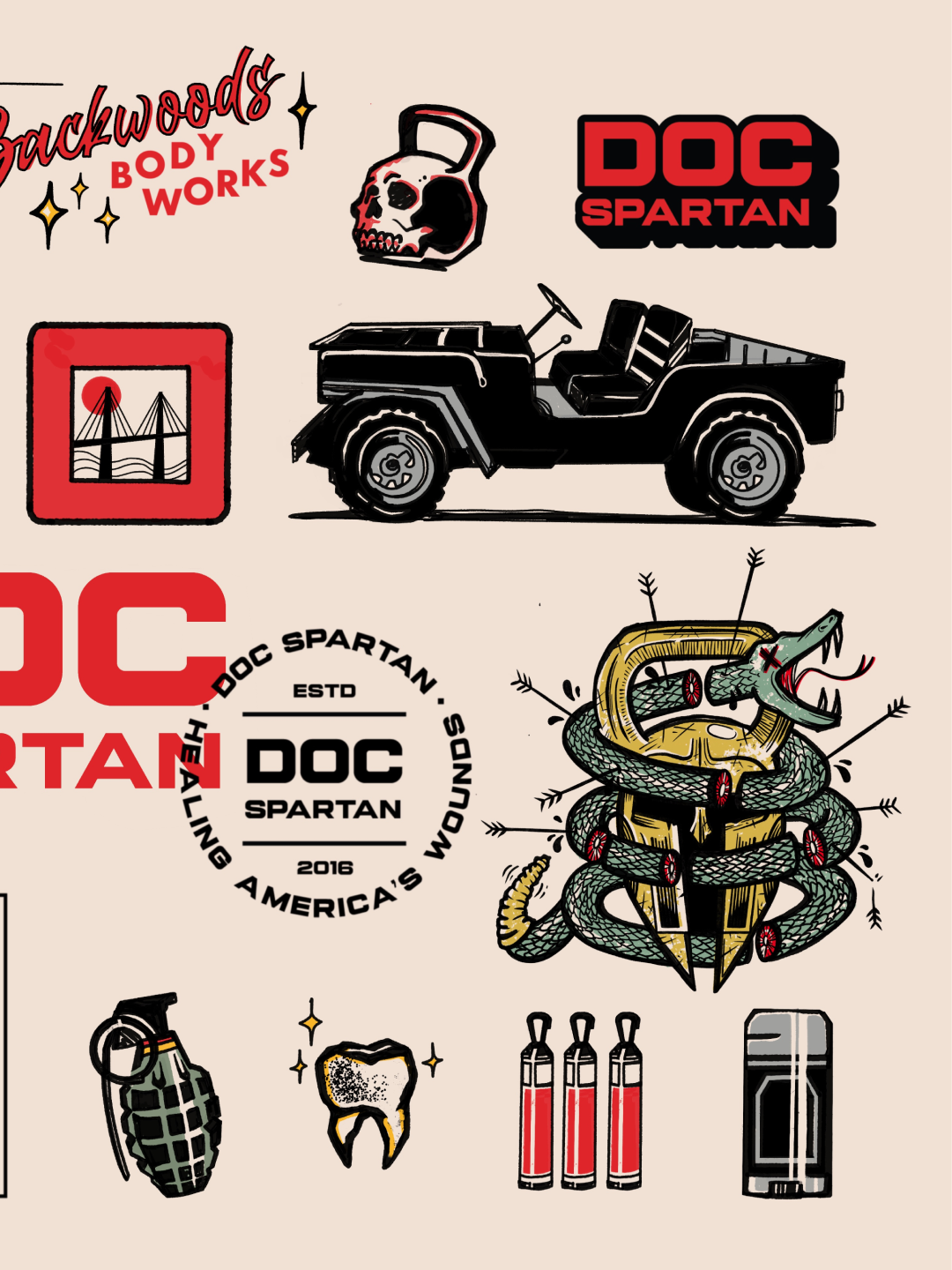DOC SPARTAN identity collage with red and black wordmarks, a Jeep, a snake-wrapped helmet, and illustrated product icons.