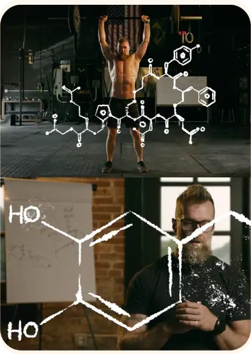 Stills from the Small Town Strong Apple TV documentary with chemical structure overlays.