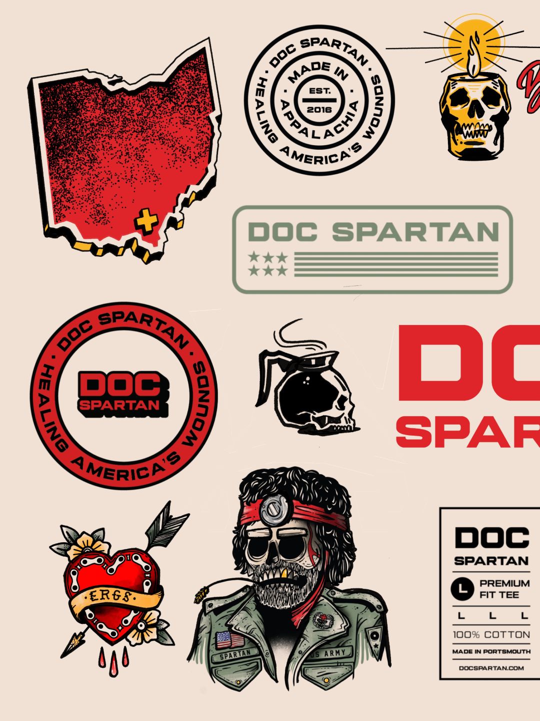 DOC SPARTAN brand collage with Ohio, circular seals, skull illustrations, apparel label, and wordmarks.