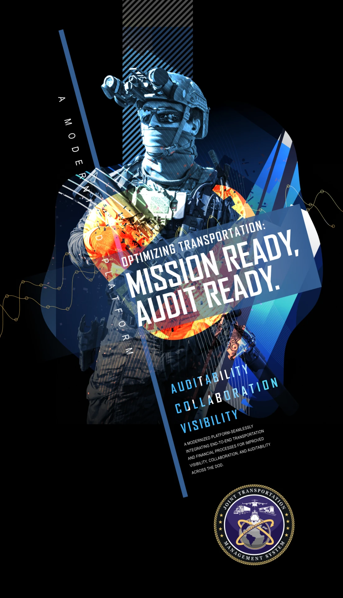 Black and blue USTRANSCOM poster with a soldier, layered graphics, Mission Ready, Audit Ready lettering, and the Joint Transportation Management System seal.