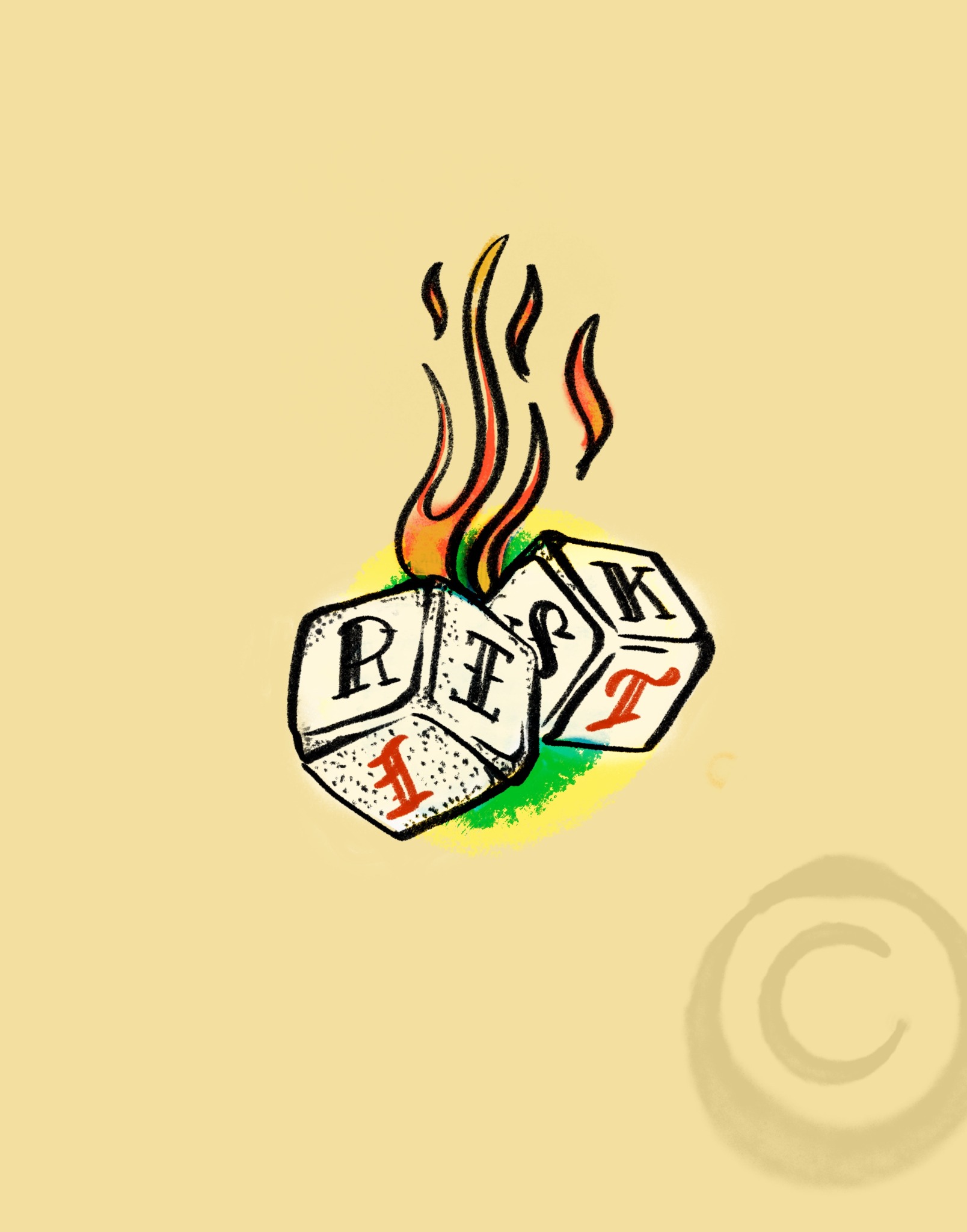 Two hand-drawn dice with letters and flames rising behind them.