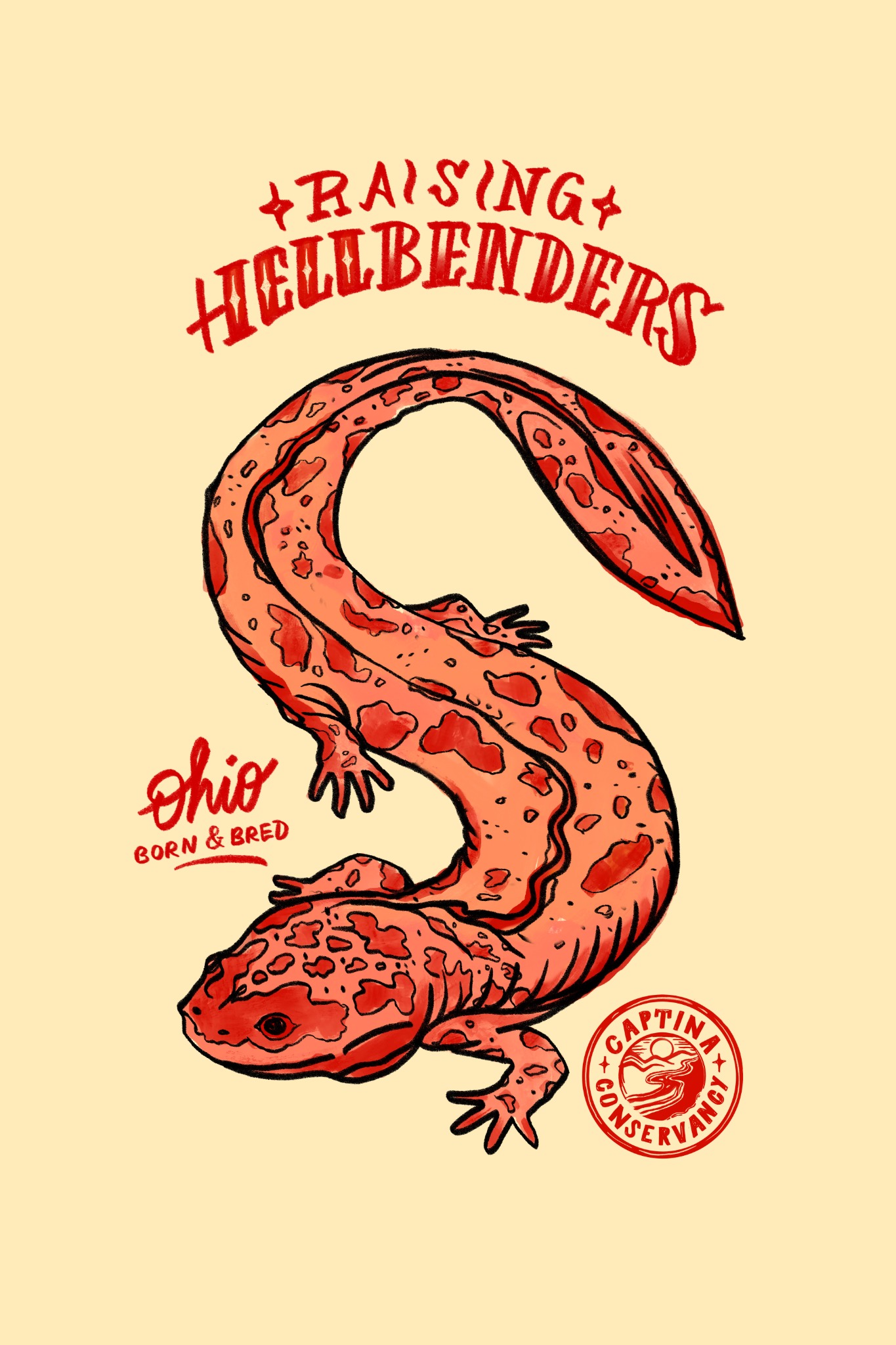 Red and orange illustrated hellbender forming an S under Raising Hellbenders lettering.