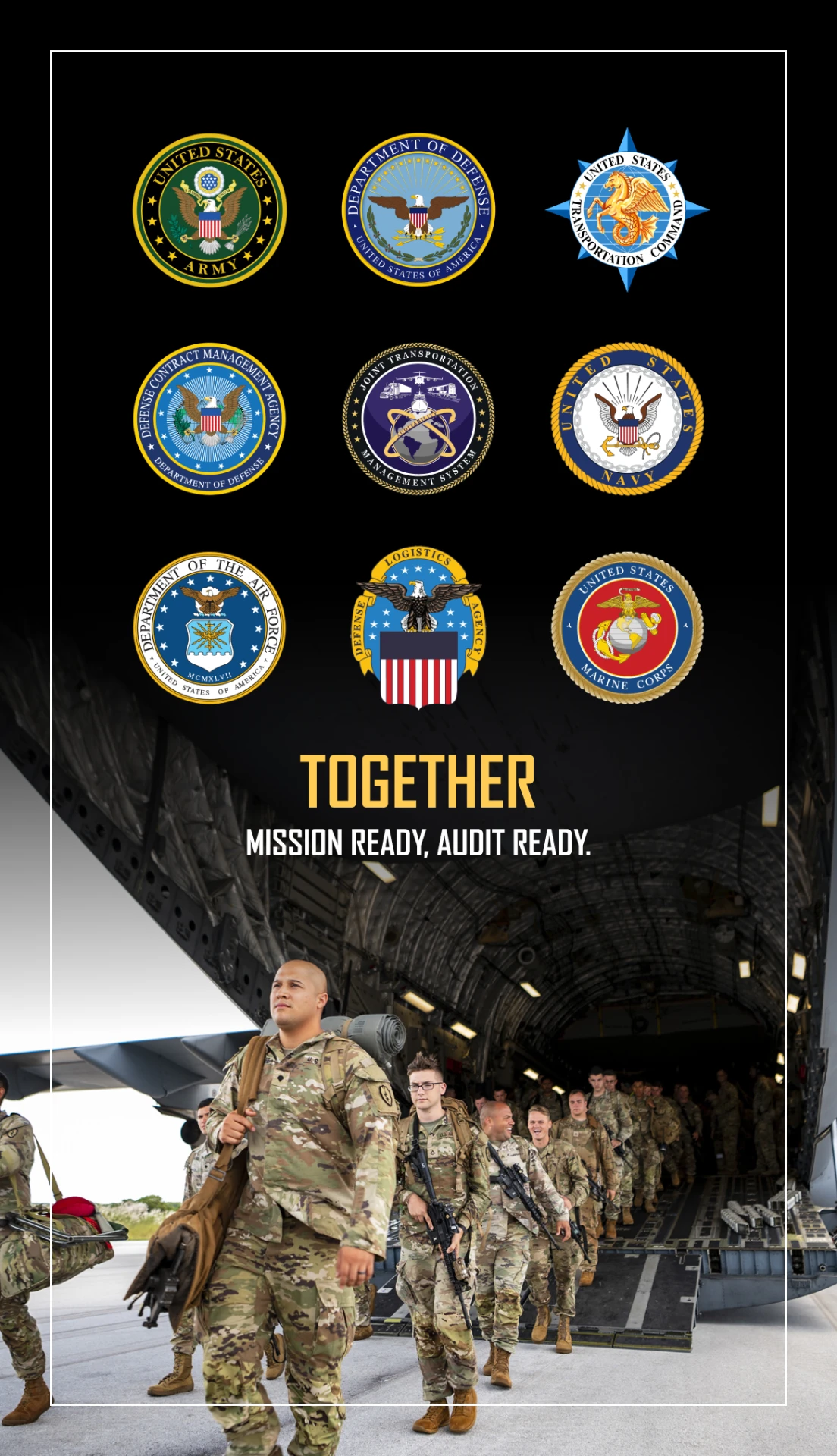 USTRANSCOM poster with nine military agency seals and soldiers exiting a transport aircraft beneath Together, Mission Ready, Audit Ready lettering.