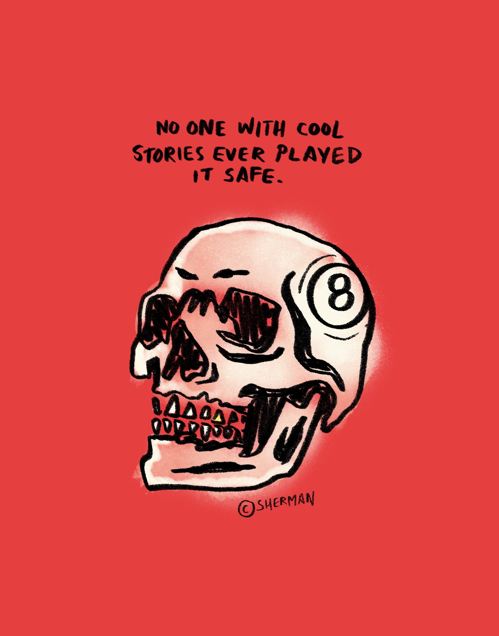 Loose red and black drawing of a skull with an eight ball embedded in it.