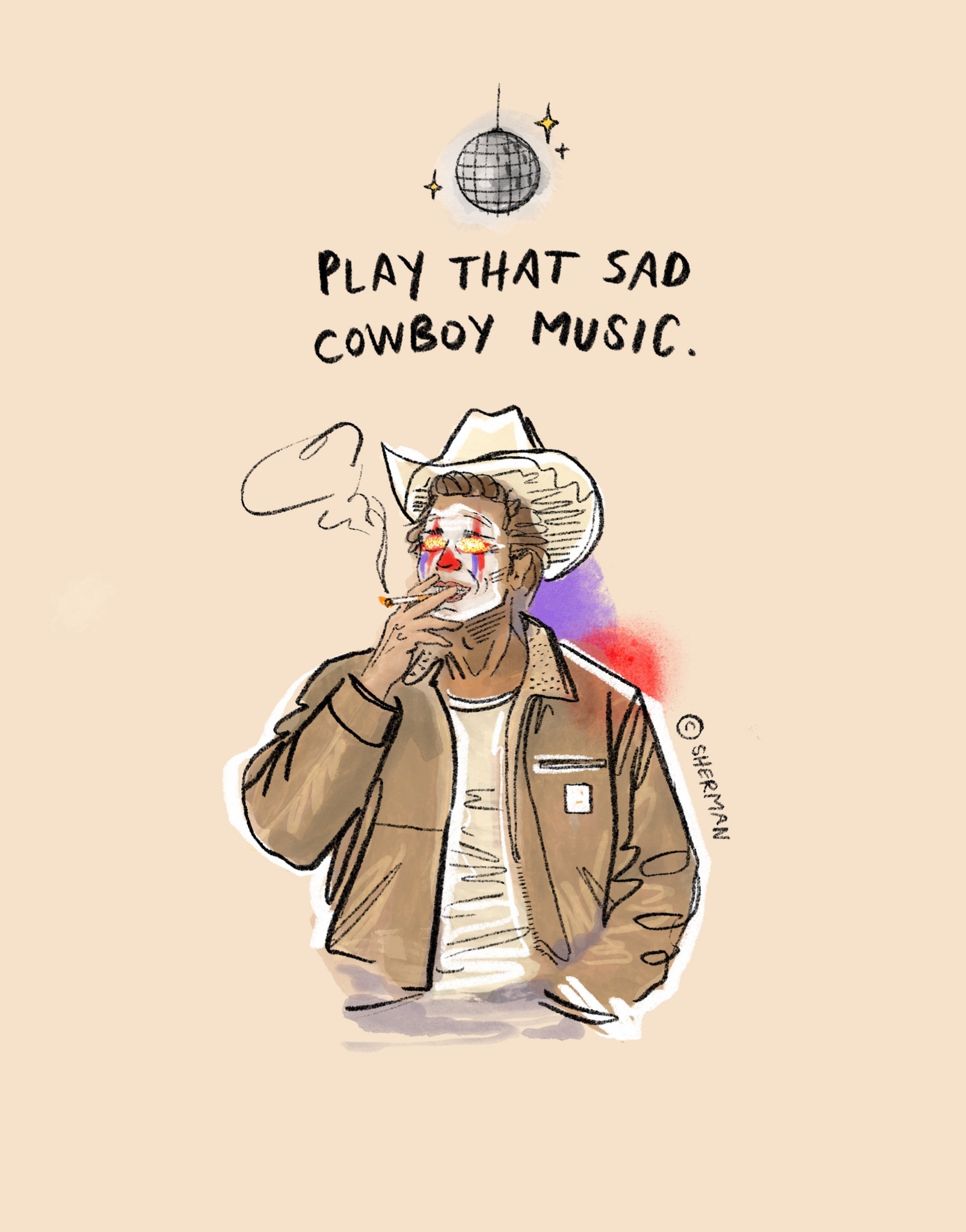 Hand-drawn cowboy in face paint smoking beneath a tiny disco ball.