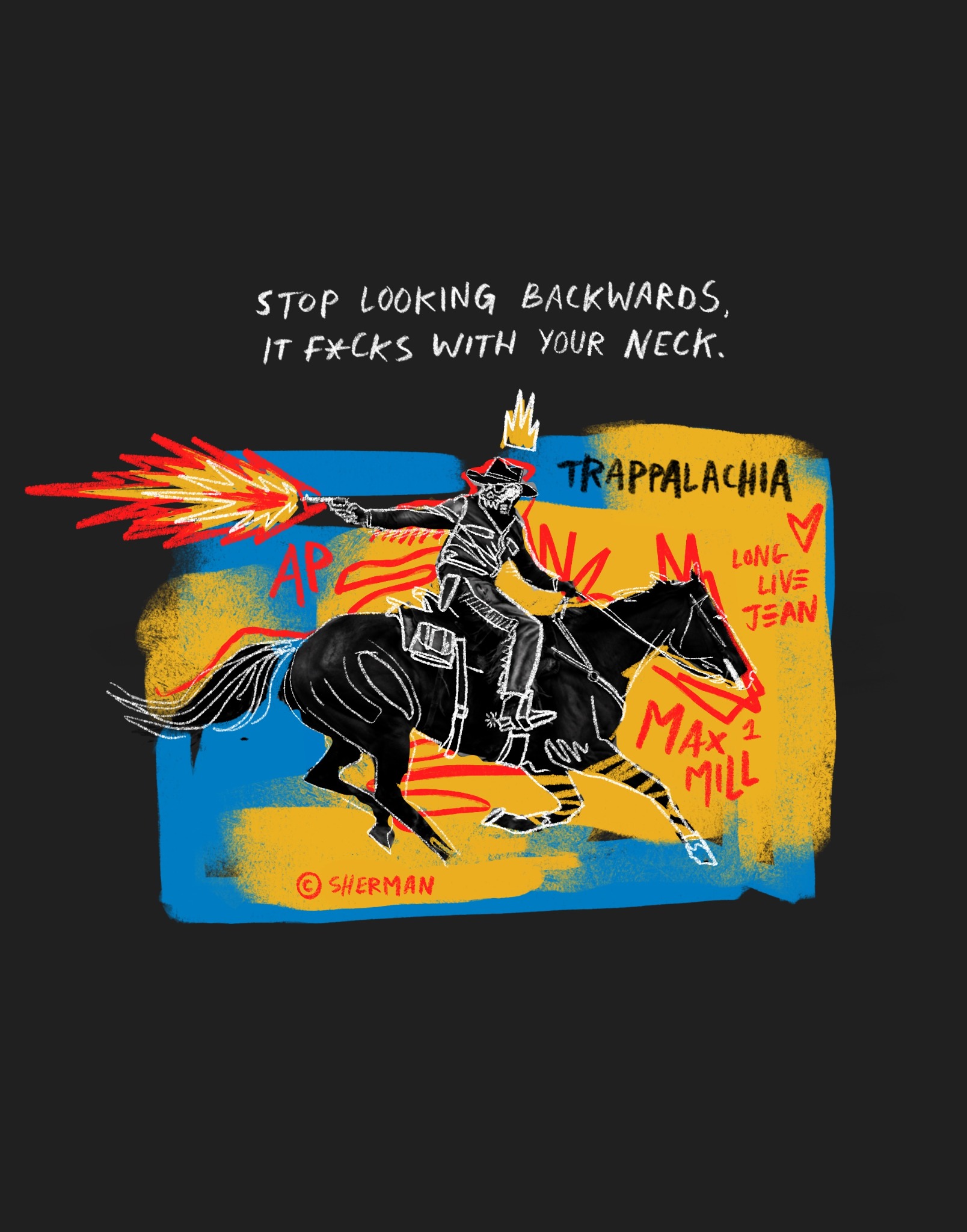 Cowboy on a running horse firing backward over a vivid blue, yellow, and red painted field.