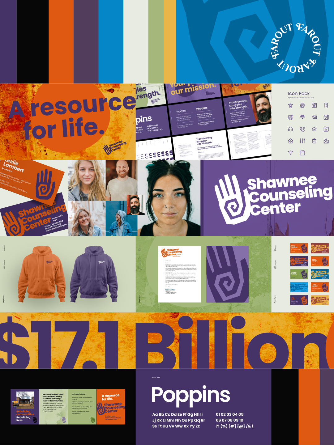 Collage of Shawnee Counseling Center identity, colors, typography, apparel, and print designs.