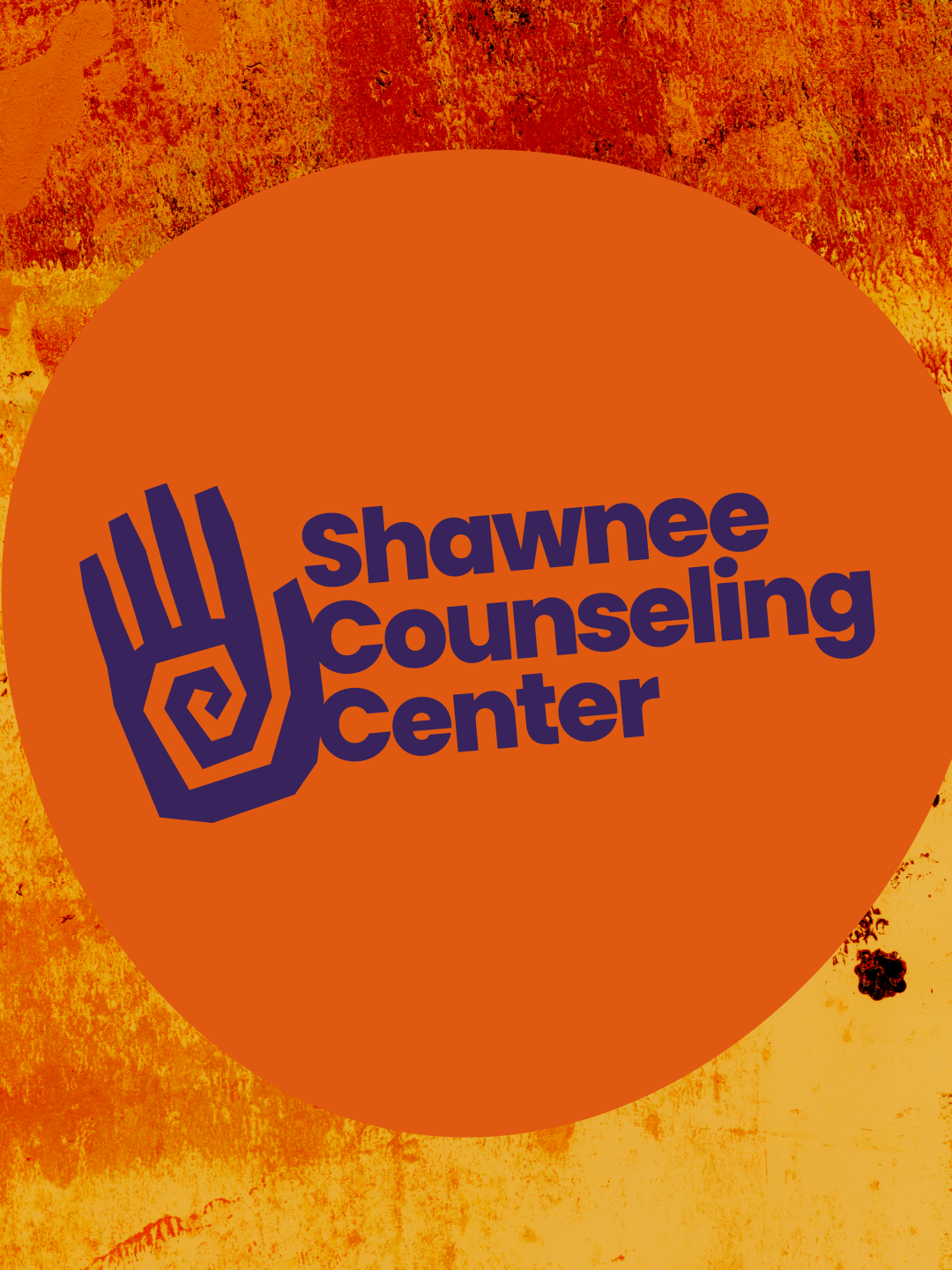 Purple Shawnee Counseling Center hand symbol and wordmark over a textured orange background.