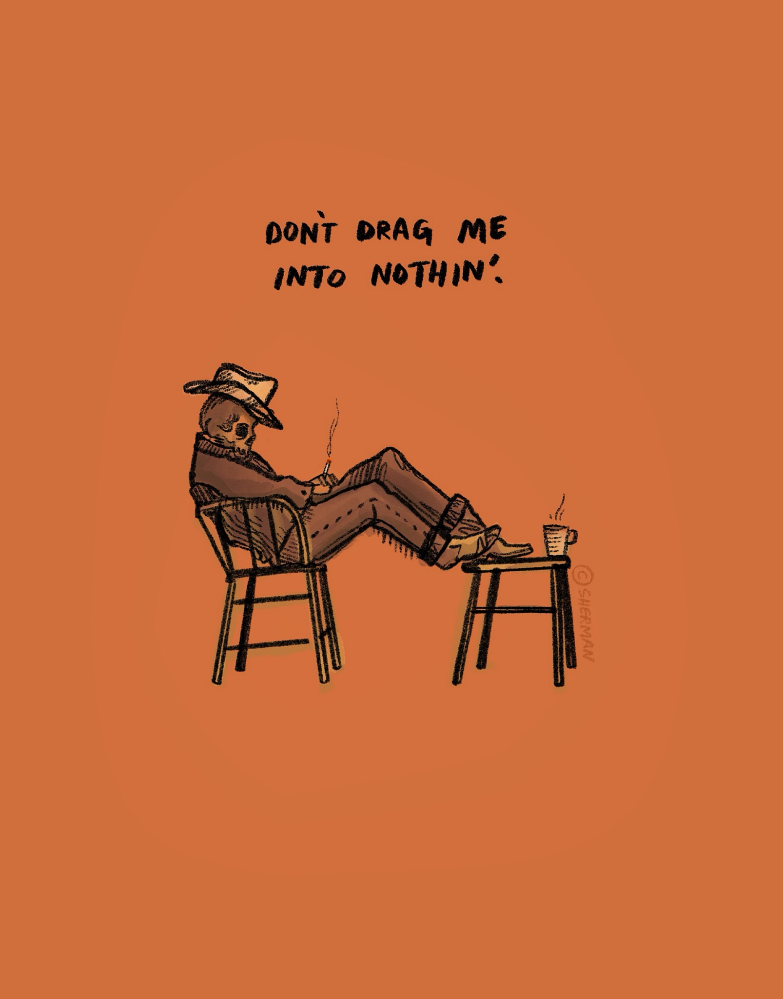 Relaxed cowboy skeleton smoking with boots on a stool.