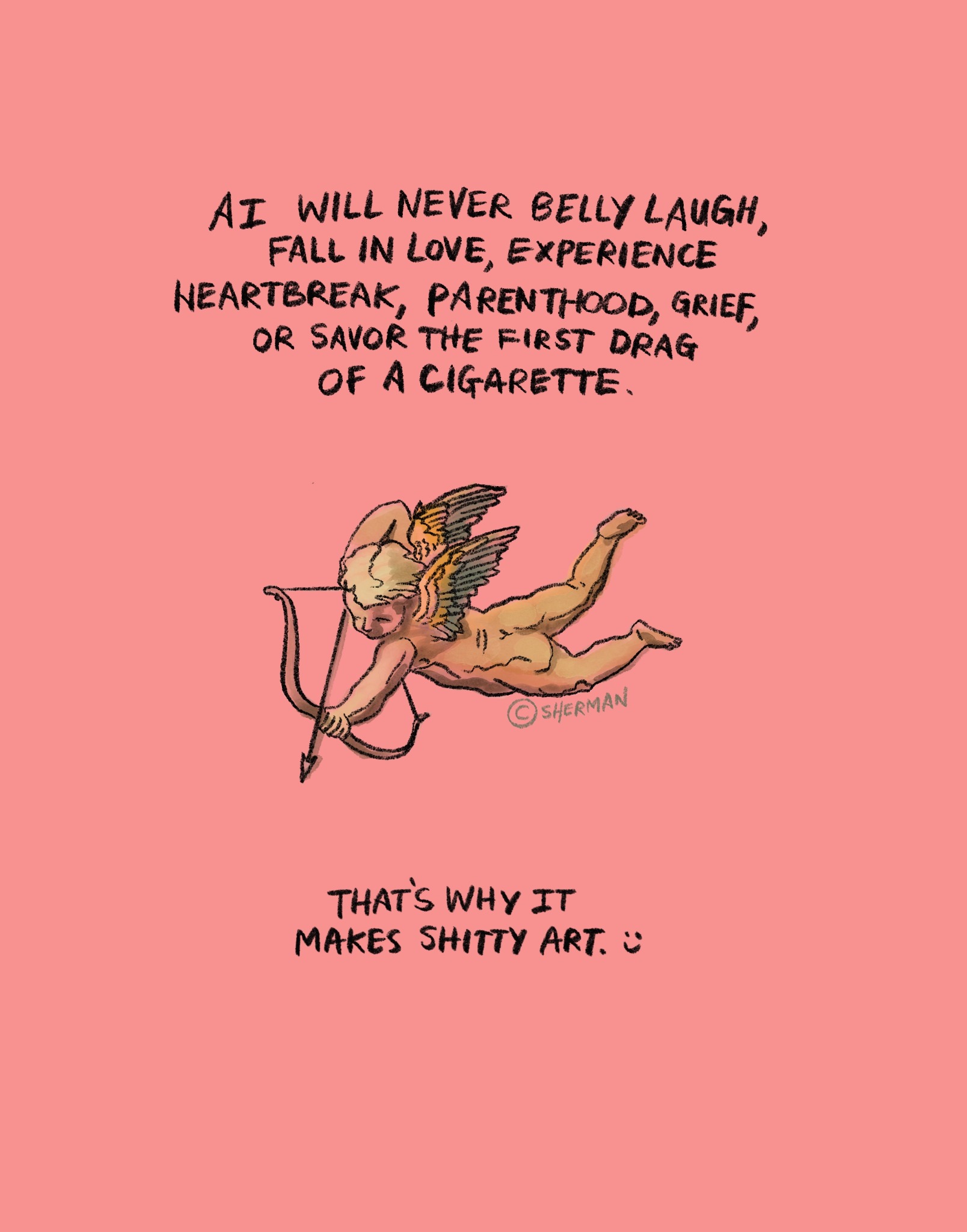 Handwritten statement about lived human experience above a small vintage cupid illustration.
