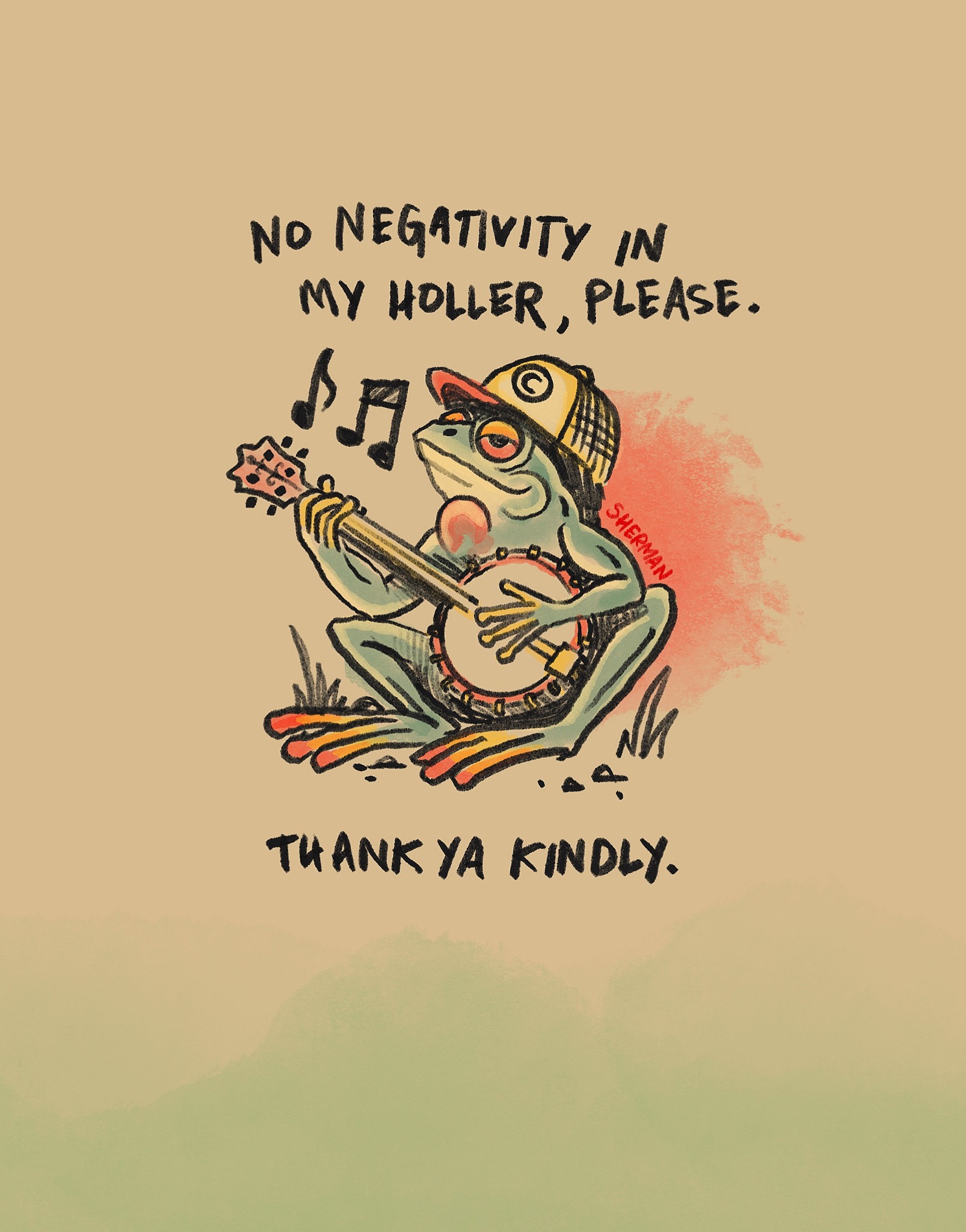 Green frog in a trucker hat playing a banjo with a friendly handwritten message.