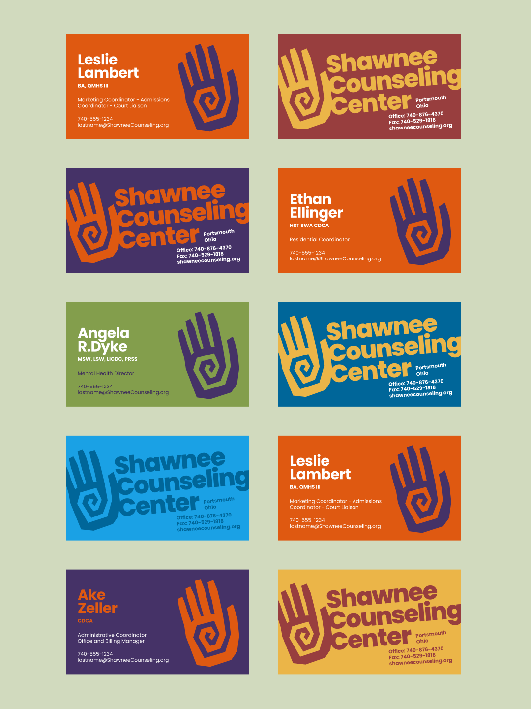 Shawnee Counseling Center business card system in orange, purple, green, blue, and yellow.