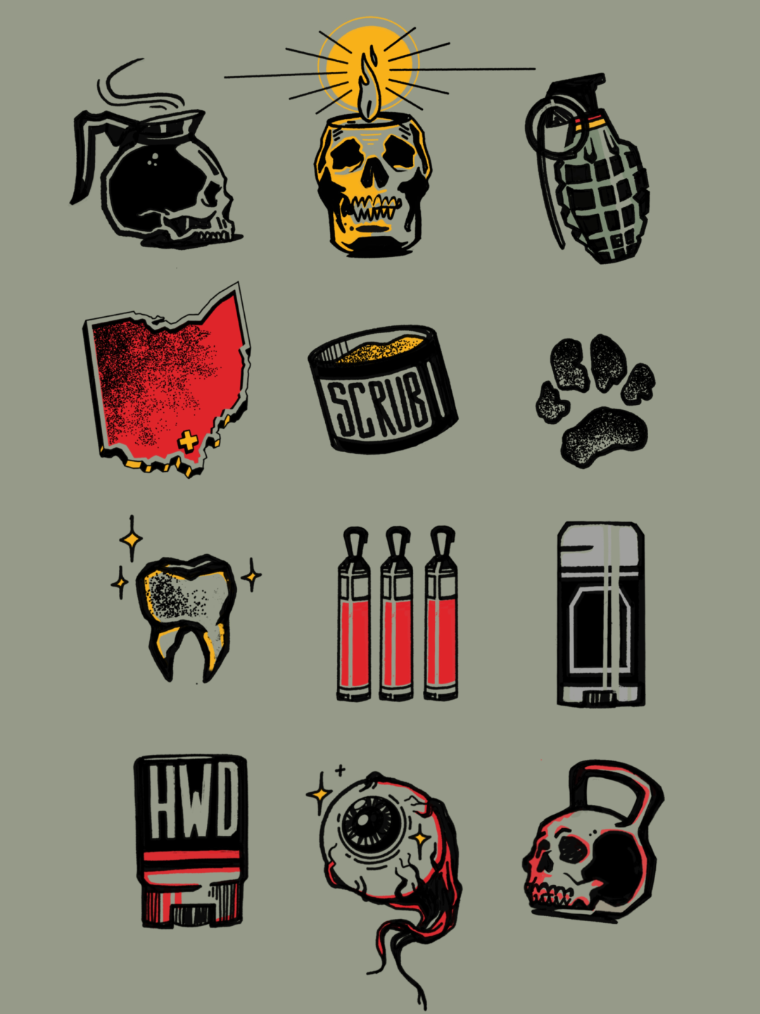 DOC SPARTAN hand-drawn icons including skulls, a grenade, Ohio, scrub, a tooth, and a kettlebell on a muted green background.