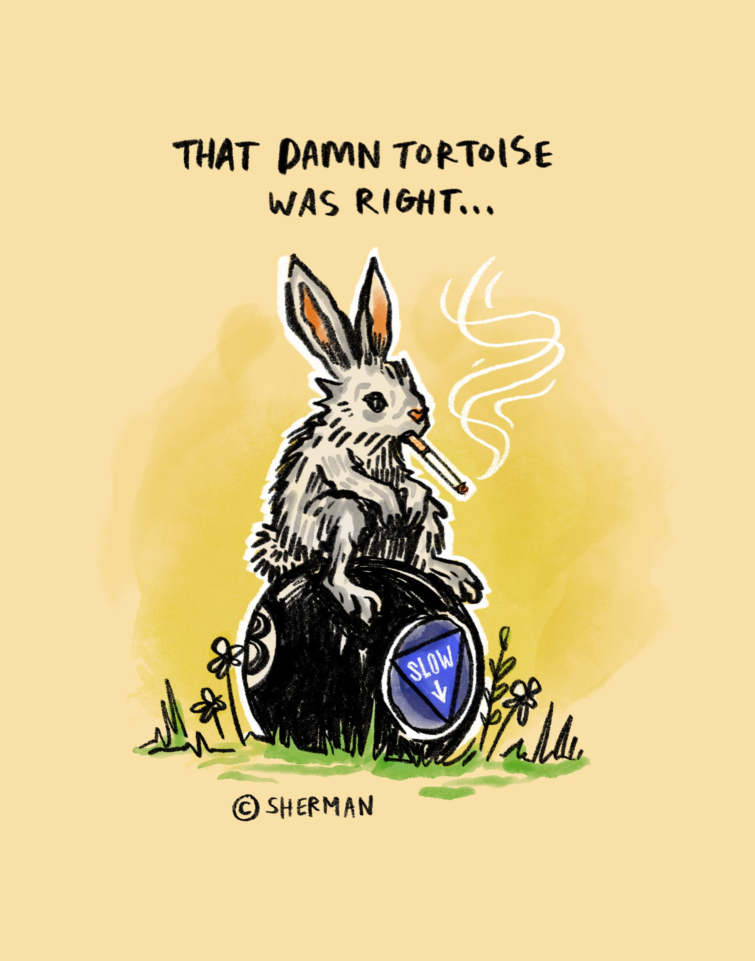 Scruffy grey rabbit smoking a cigarette while perched on a Magic 8-Ball reading SLOW with a downward arrow, beneath the handwritten line That Damn Tortoise Was Right.