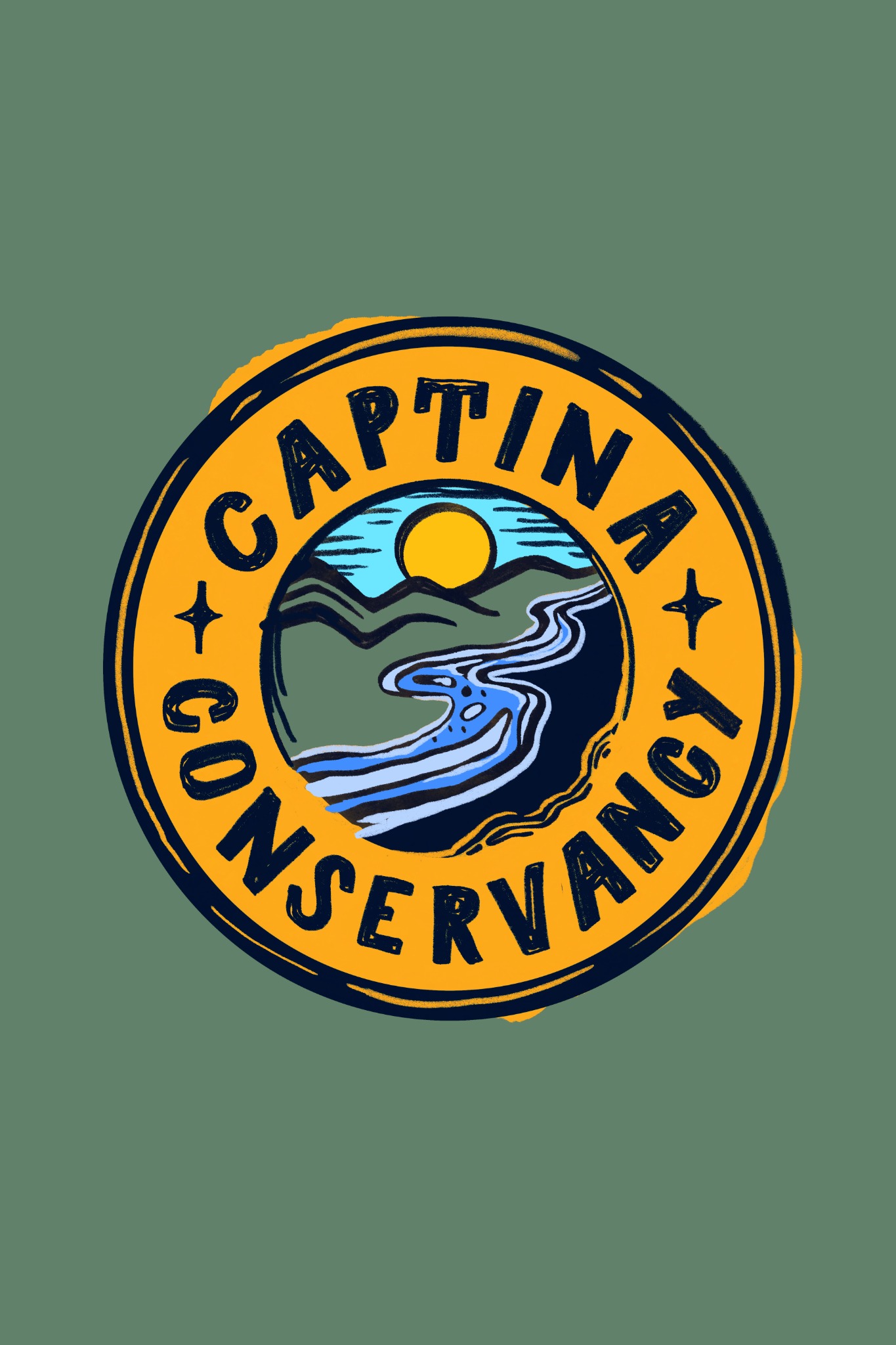 Round gold, navy, green, and blue Captina Conservancy seal with a river and sunset.