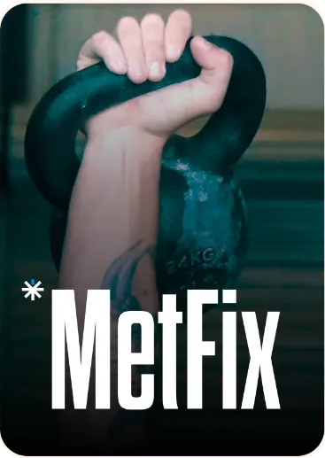 Hand gripping a kettlebell above the MetFix wordmark.